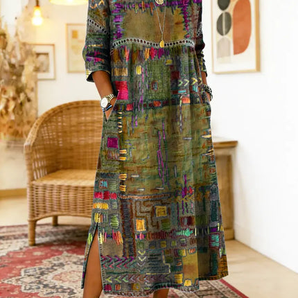 Kaia | Women's Bohemian Abstract Print Maxi Dress with 3/4 Sleeves