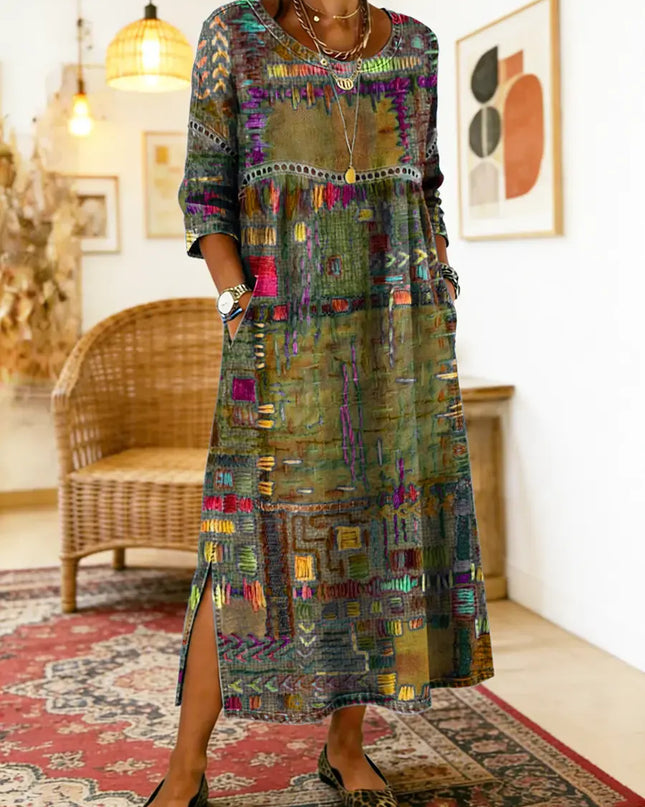Kaia | Women's Bohemian Abstract Print Maxi Dress with 3/4 Sleeves