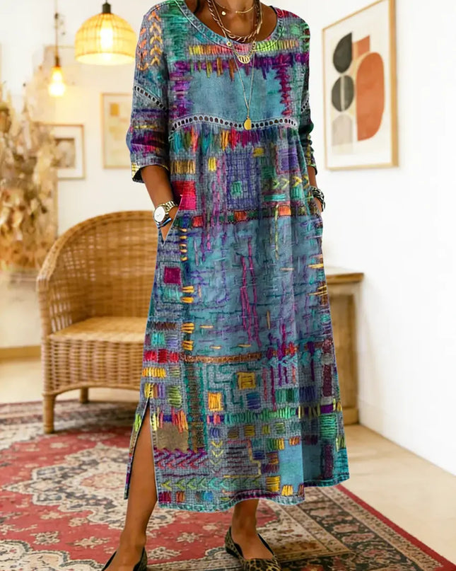 Kaia | Women's Bohemian Abstract Print Maxi Dress with 3/4 Sleeves