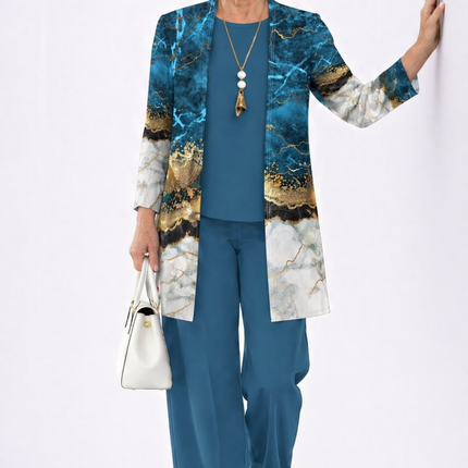 Camille | Women's Elegant 3-Piece Set with Marble Print Longline Jacket, Top and Wide Leg Pants
