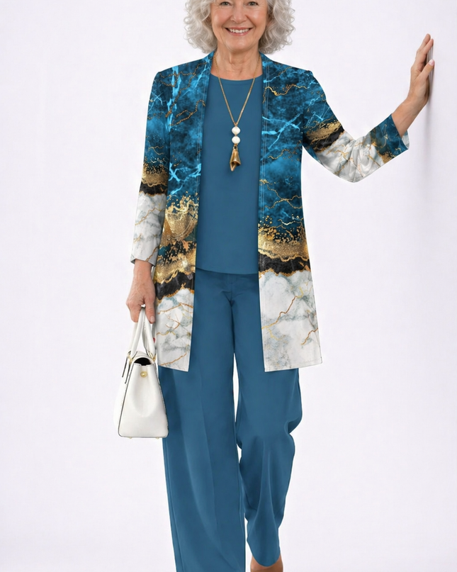 Camille | Women's Elegant 3-Piece Set with Marble Print Longline Jacket, Top and Wide Leg Pants