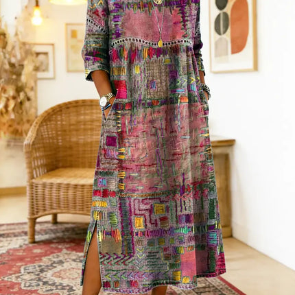 Kaia | Women's Bohemian Abstract Print Maxi Dress with 3/4 Sleeves