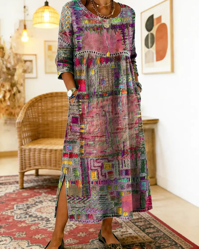 Kaia | Women's Bohemian Abstract Print Maxi Dress with 3/4 Sleeves