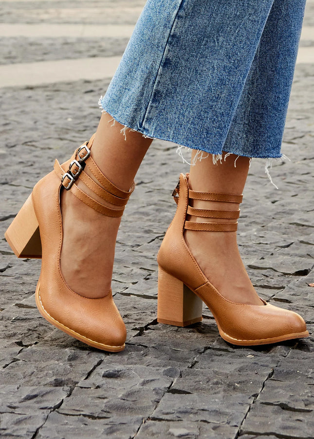 Casilda | Smooth Sandals with Ankle Strap and Thick Heel