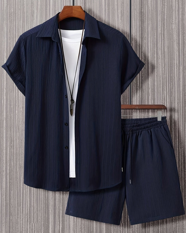 Navy Blue Button-Up Shirt and Shorts Set for Men