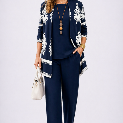 Celeste | Women's Elegant 3-Piece Set with Ornamental Print Longline Jacket, Top and Wide Leg Pants