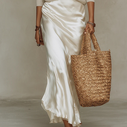 Celeste | Women's Elegant Satin Maxi Dress with Layered V-Neck Knit Detail