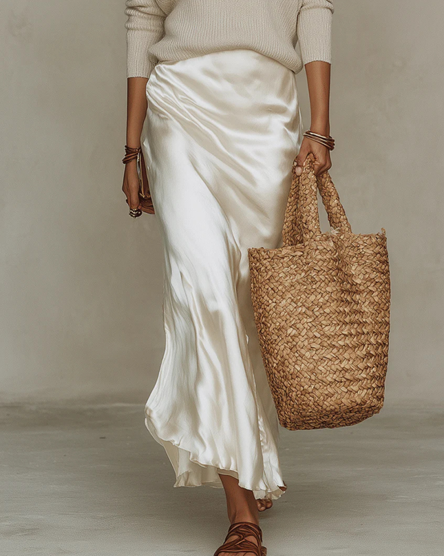 Celeste | Women's Elegant Satin Maxi Dress with Layered V-Neck Knit Detail