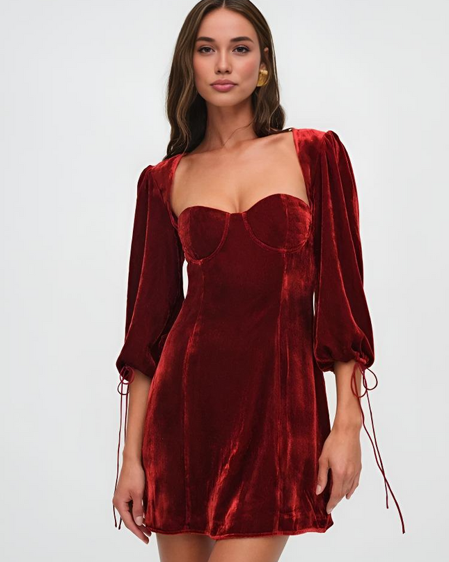 Crimson Dawn | Mini Dress Velvet Puff