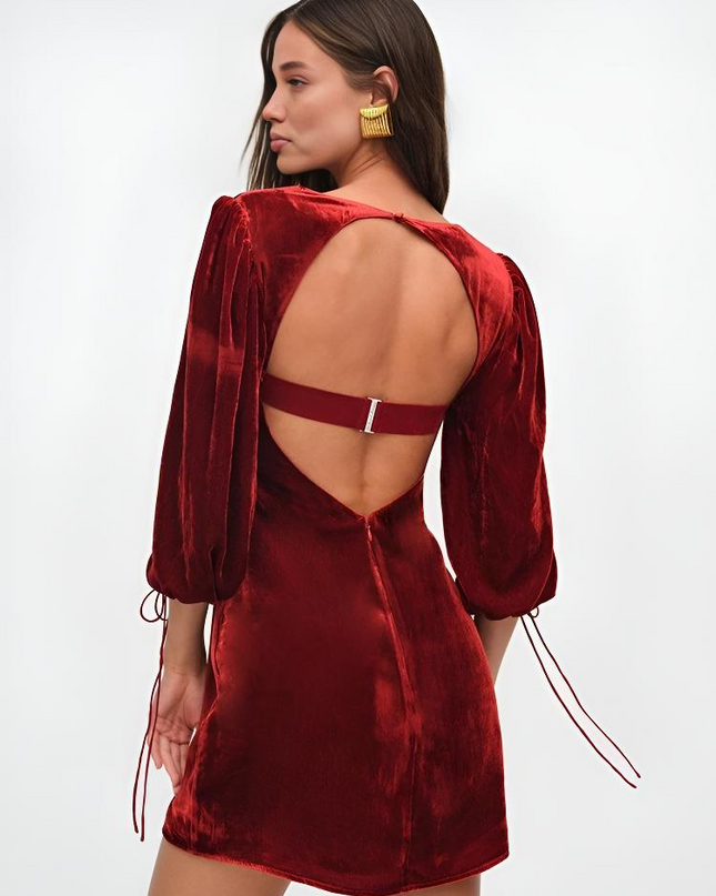Crimson Dawn | Mini Dress Velvet Puff