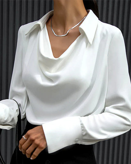 Samantha | Women’s Drape Neck Long Sleeve Satin Blouses