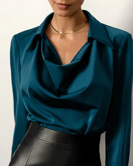 Samantha | Women’s Drape Neck Long Sleeve Satin Blouses