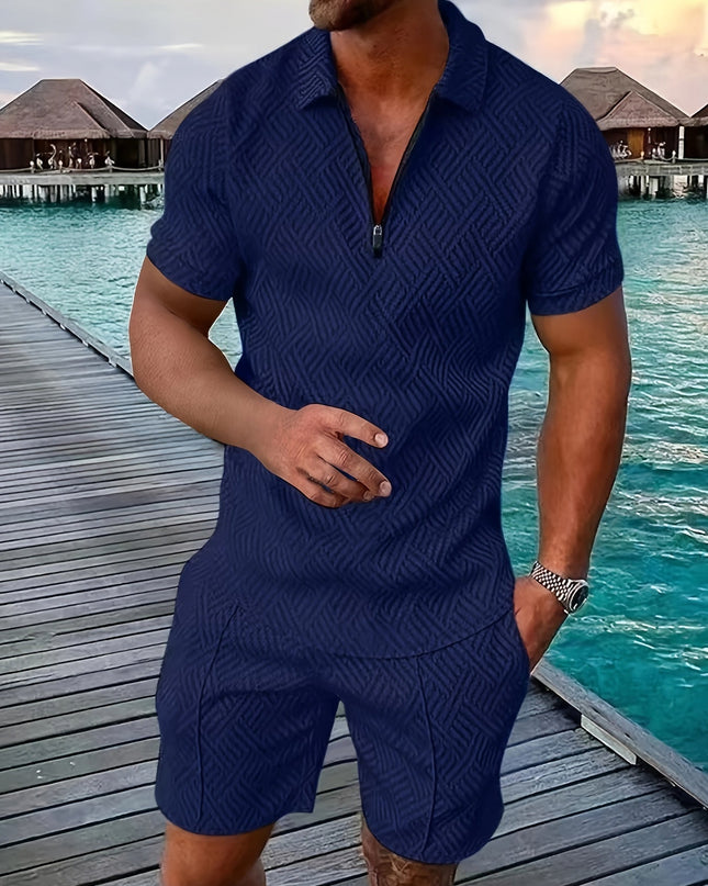 Casual and Stylish Geometric Polo Shirt and Shorts Set for Men
