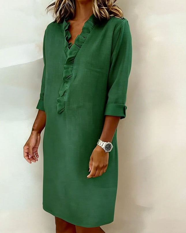 Rosalie | Women's Ruffle V-Neck Midi Dress with 3/4 Sleeves