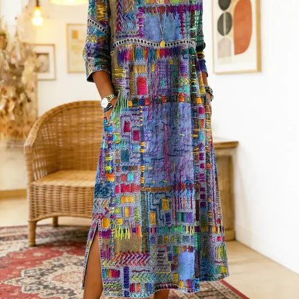 Kaia | Women's Bohemian Abstract Print Maxi Dress with 3/4 Sleeves