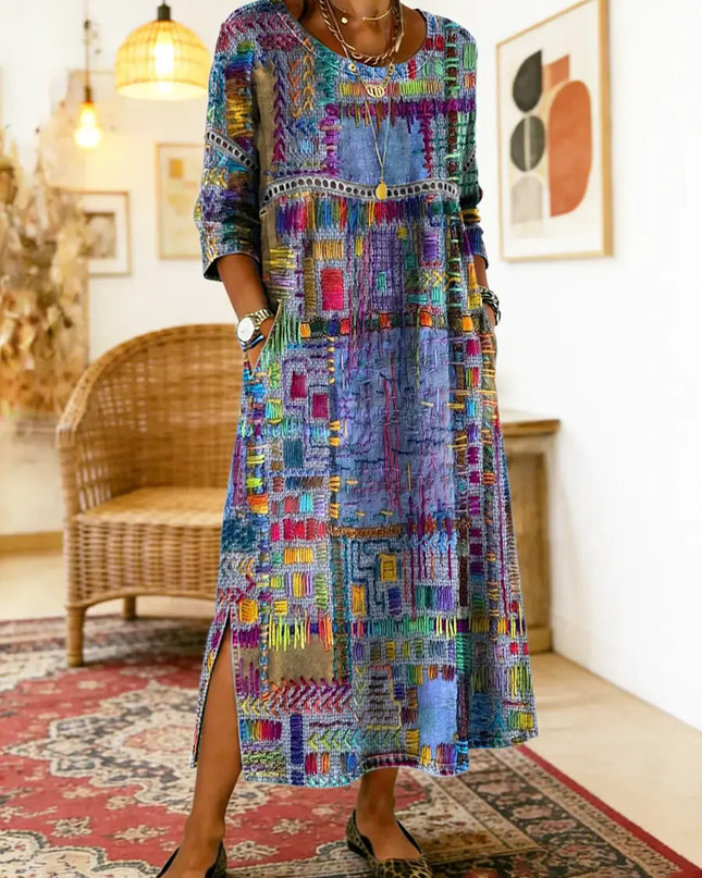 Kaia | Women's Bohemian Abstract Print Maxi Dress with 3/4 Sleeves