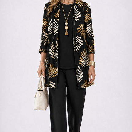 Elara | Women's Elegant 3-Piece Set with Gold Leaf Print Longline Jacket, Top and Wide Leg Pants