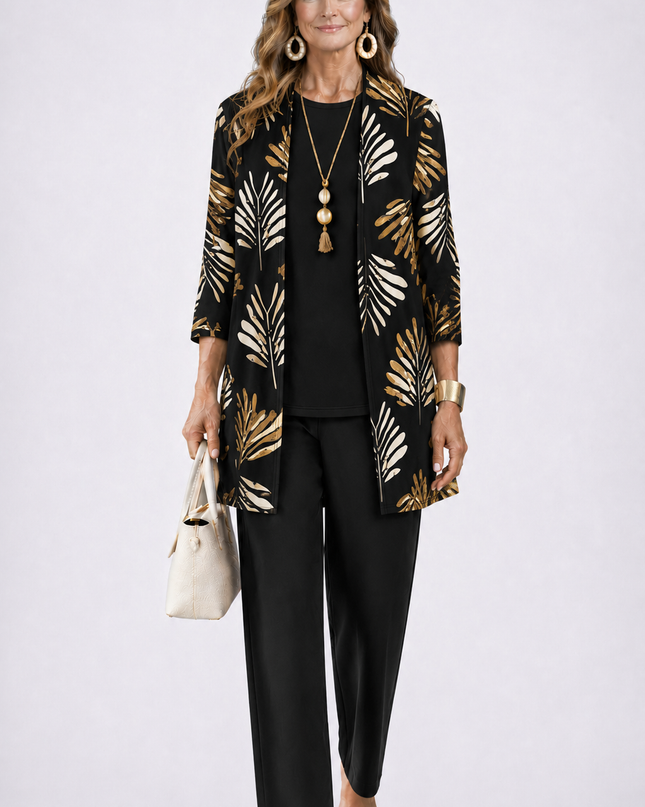 Elara | Women's Elegant 3-Piece Set with Gold Leaf Print Longline Jacket, Top and Wide Leg Pants