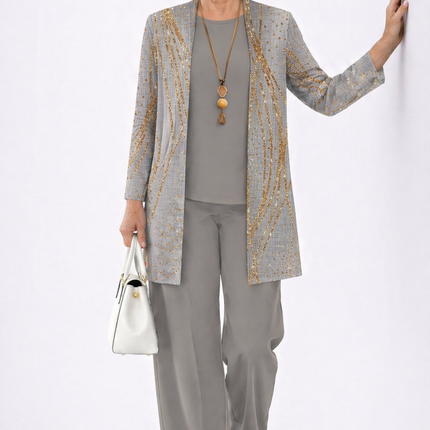 Elara | Women's Elegant 3-Piece Set with Gold Print Longline Jacket, Top and Wide Leg Pants