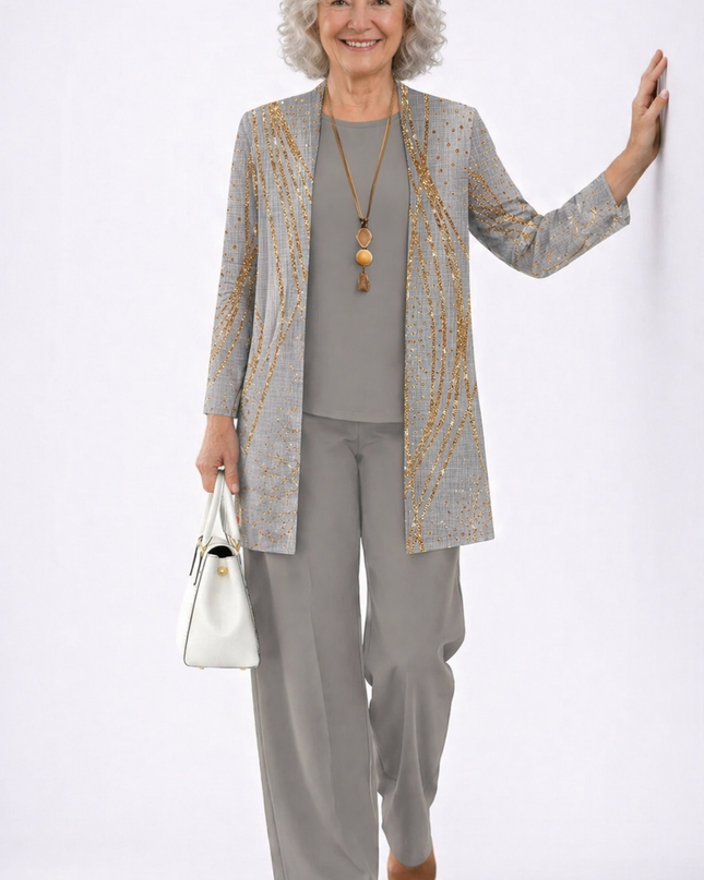 Elara | Women's Elegant 3-Piece Set with Gold Print Longline Jacket, Top and Wide Leg Pants