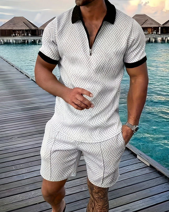 Casual and Stylish Geometric Polo Shirt and Shorts Set for Men