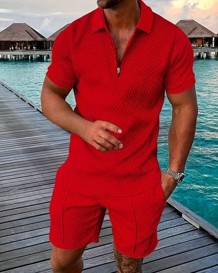 Casual and Stylish Geometric Polo Shirt and Shorts Set for Men