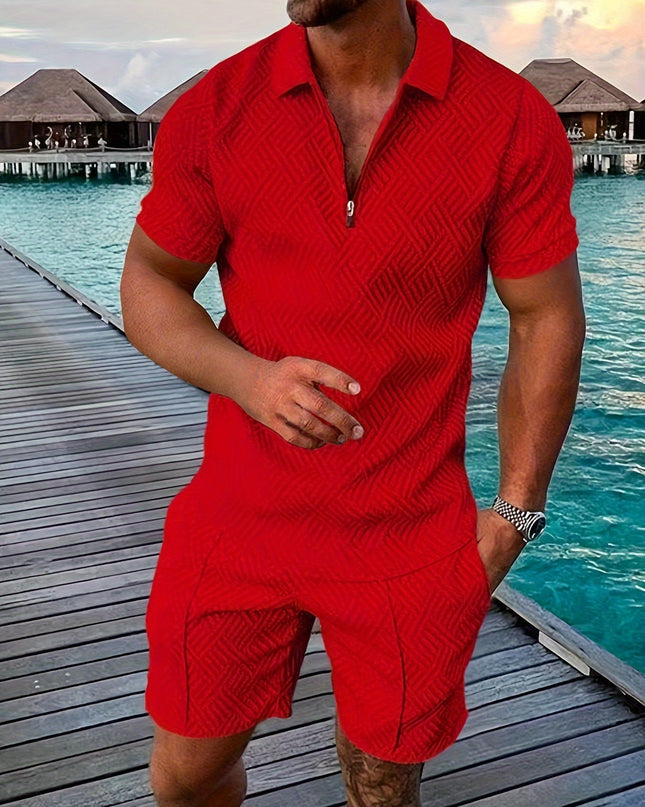 Casual and Stylish Geometric Polo Shirt and Shorts Set for Men