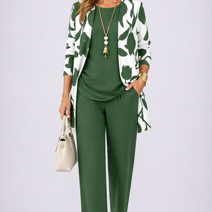 Florence | Women's Floral 3-Piece Set with Longline Jacket, Top and Wide Leg Pants