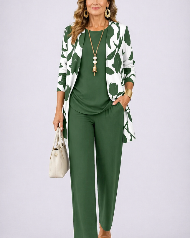 Florence | Women's Floral 3-Piece Set with Longline Jacket, Top and Wide Leg Pants