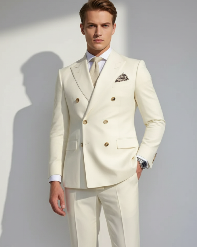 Men’s White Two-Piece Suit with Gold Accents – Regular Fit, Formal All-Season Set
