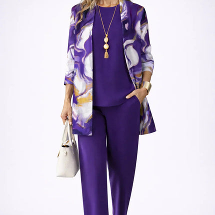 Isadora | Women's Elegant 3-Piece Set with Abstract Print Longline Jacket, Top and Wide Leg Pants