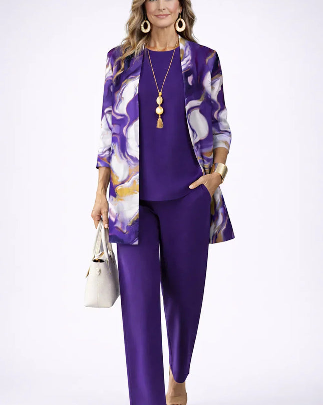 Isadora | Women's Elegant 3-Piece Set with Abstract Print Longline Jacket, Top and Wide Leg Pants