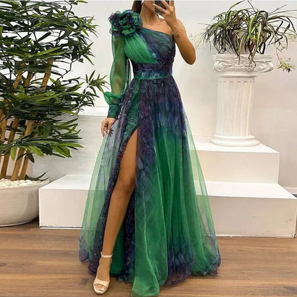 Judith - Trendy One Shoulder Mesh Print Maxi Dress