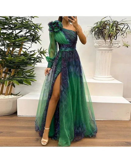 Judith - Trendy One Shoulder Mesh Print Maxi Dress