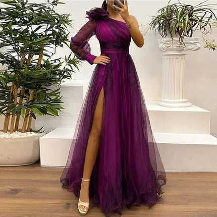 Judith - Trendy One Shoulder Mesh Print Maxi Dress