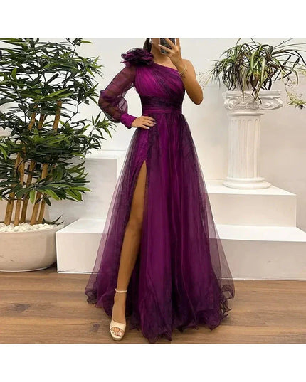Judith - Trendy One Shoulder Mesh Print Maxi Dress