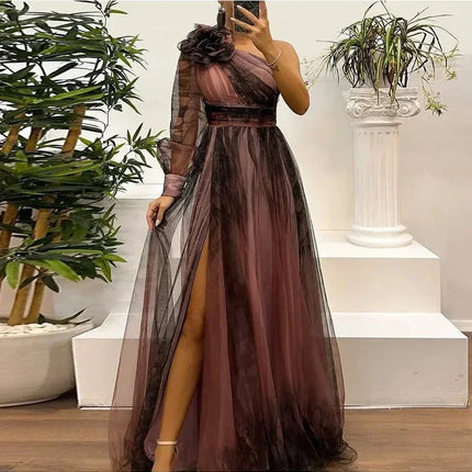 Judith - Trendy One Shoulder Mesh Print Maxi Dress