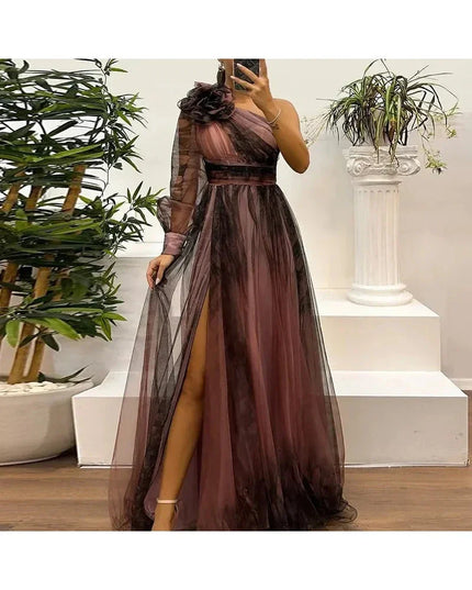 Judith - Trendy One Shoulder Mesh Print Maxi Dress