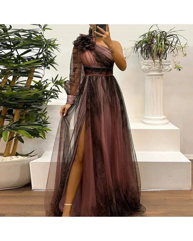 Judith - Trendy One Shoulder Mesh Print Maxi Dress