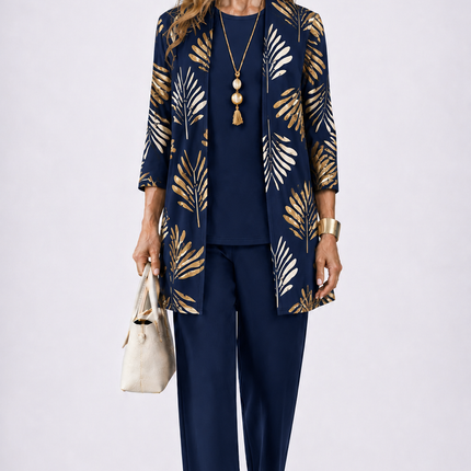 Livia | Women's Elegant 3-Piece Set with Gold Leaf Print Longline Jacket, Top and Wide Leg Pants