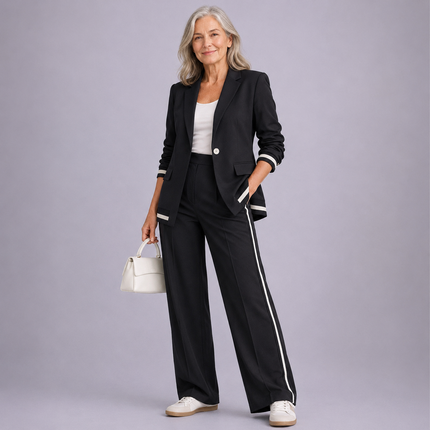 Lucienne | Women's Elegant 2-Piece Blazer Set with Striped Detail and Wide Leg Pants