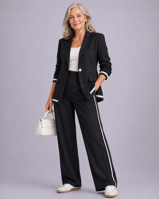 Lucienne | Women's Elegant 2-Piece Blazer Set with Striped Detail and Wide Leg Pants