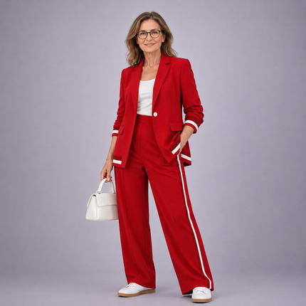 Lucienne | Women's Elegant 2-Piece Blazer Set with Striped Detail and Wide Leg Pants