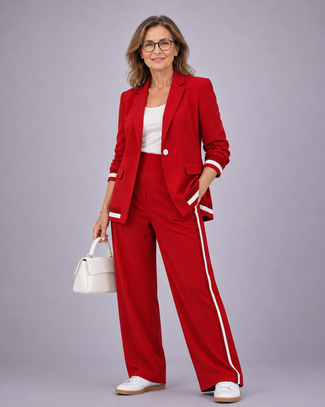 Lucienne | Women's Elegant 2-Piece Blazer Set with Striped Detail and Wide Leg Pants