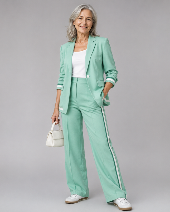 Lucienne | Women's Elegant 2-Piece Blazer Set with Striped Detail and Wide Leg Pants