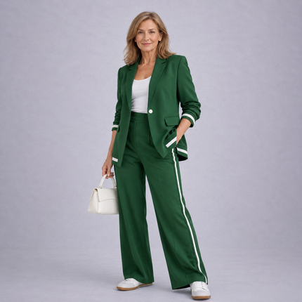 Lucienne | Women's Elegant 2-Piece Blazer Set with Striped Detail and Wide Leg Pants