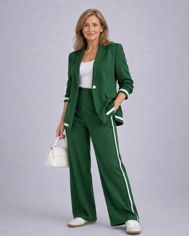 Lucienne | Women's Elegant 2-Piece Blazer Set with Striped Detail and Wide Leg Pants