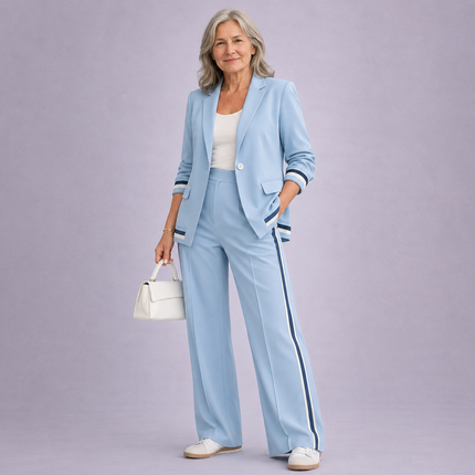 Lucienne | Women's Elegant 2-Piece Blazer Set with Striped Detail and Wide Leg Pants