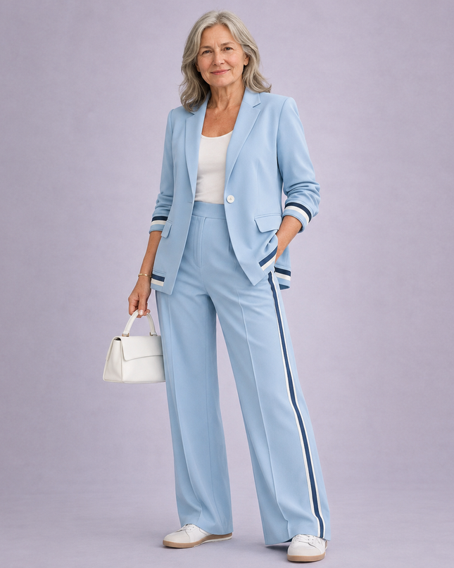Lucienne | Women's Elegant 2-Piece Blazer Set with Striped Detail and Wide Leg Pants