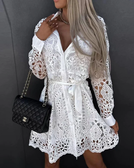 Aurora | Knee-Length Lace Dress Belted